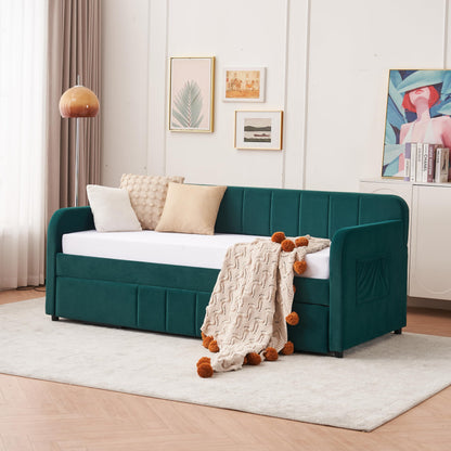 Ball & Cast Twin Size Daybed with Pop up Trundle,Velvet Upholstered Day Bed Frame with Channel Tufted Backrest,Extendable Trundle Bed with USB Port & Side Pocket,Twin to King Design,Emerald