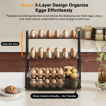 Wolera 3-Tier Wooden Fresh Egg Holder Countertop With Basket for 36+90 Eggs, Storage for Countertop with Carry Handle for Gathering 150+ Fresh Eggs