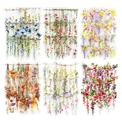 AuriicLeaf Hanging Floral PET Stickers Set, 60PCS Botanical Flower Stickers for Scrapbooking, Journaling, DIY Crafts, and Art Supplies