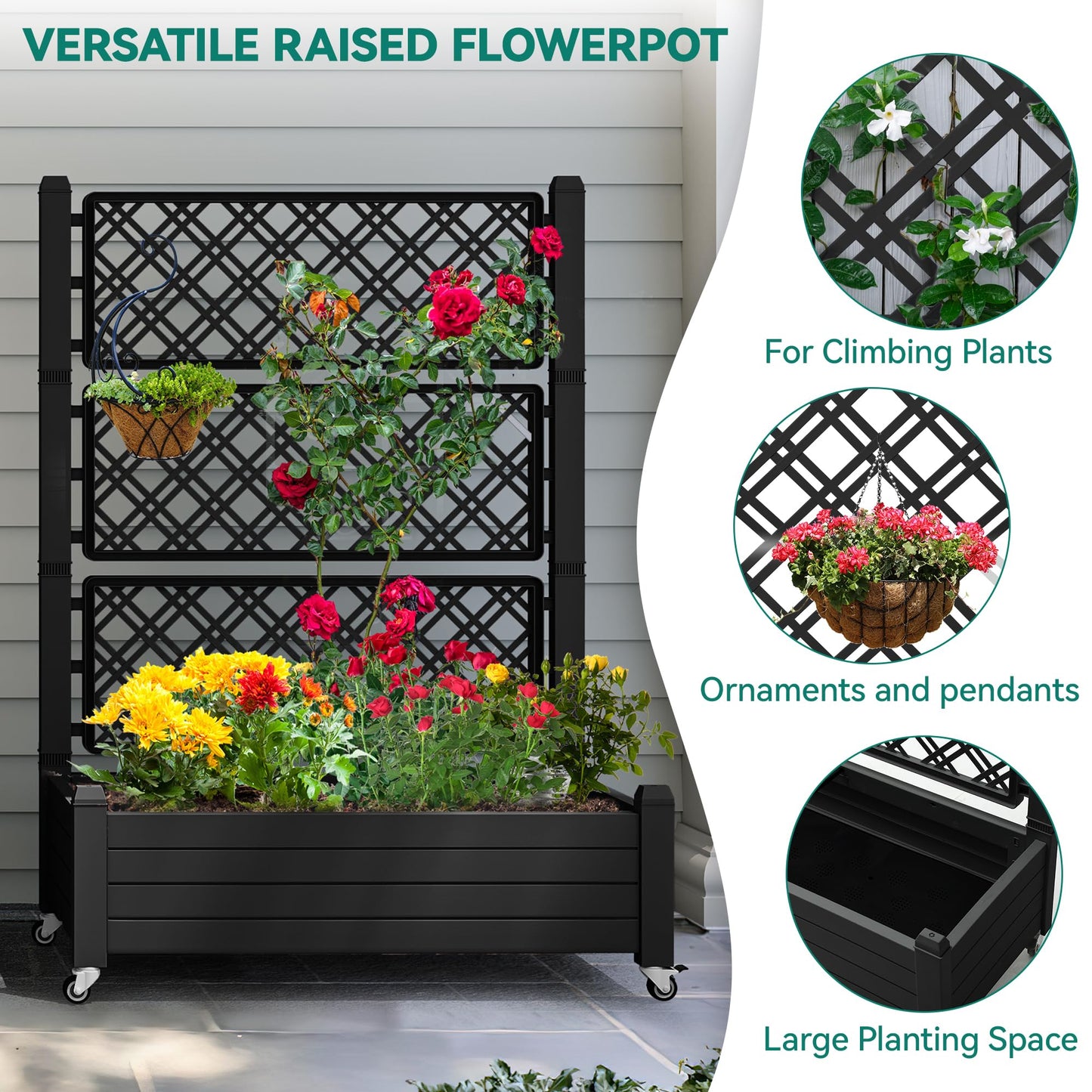YITAHOME 43.3x17.7x61 in Planter Box with Trellis 2pcs Outdoor Resin Raised Garden Bed with Wheels & Drain Plug for Climbing Plants, Weather-Resistant Outdoor Privacy Screen, Black