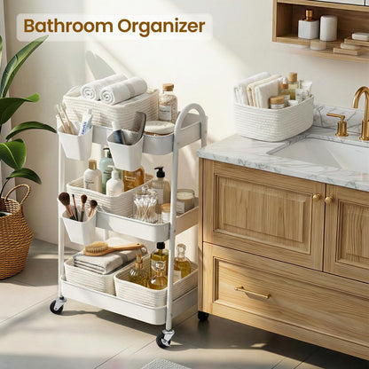 3-Tier Rolling Utility Cart with 4 Woven Baskets, Diaper Book Snack Cart, Storage Organizer for Nursery, Kitchen, Craft Room, Home SPA, Living Room, Metal Frame Trolley on Lockable Wheels, White