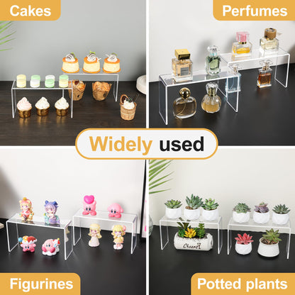 Aminigram 4 Pack Acrylic Risers Display Stands, Display Stands for Collectibles, Clear Acrylic Shelf for Show Decor Display, Toys, Cupcake (9.2 x 3 x 5 inches)