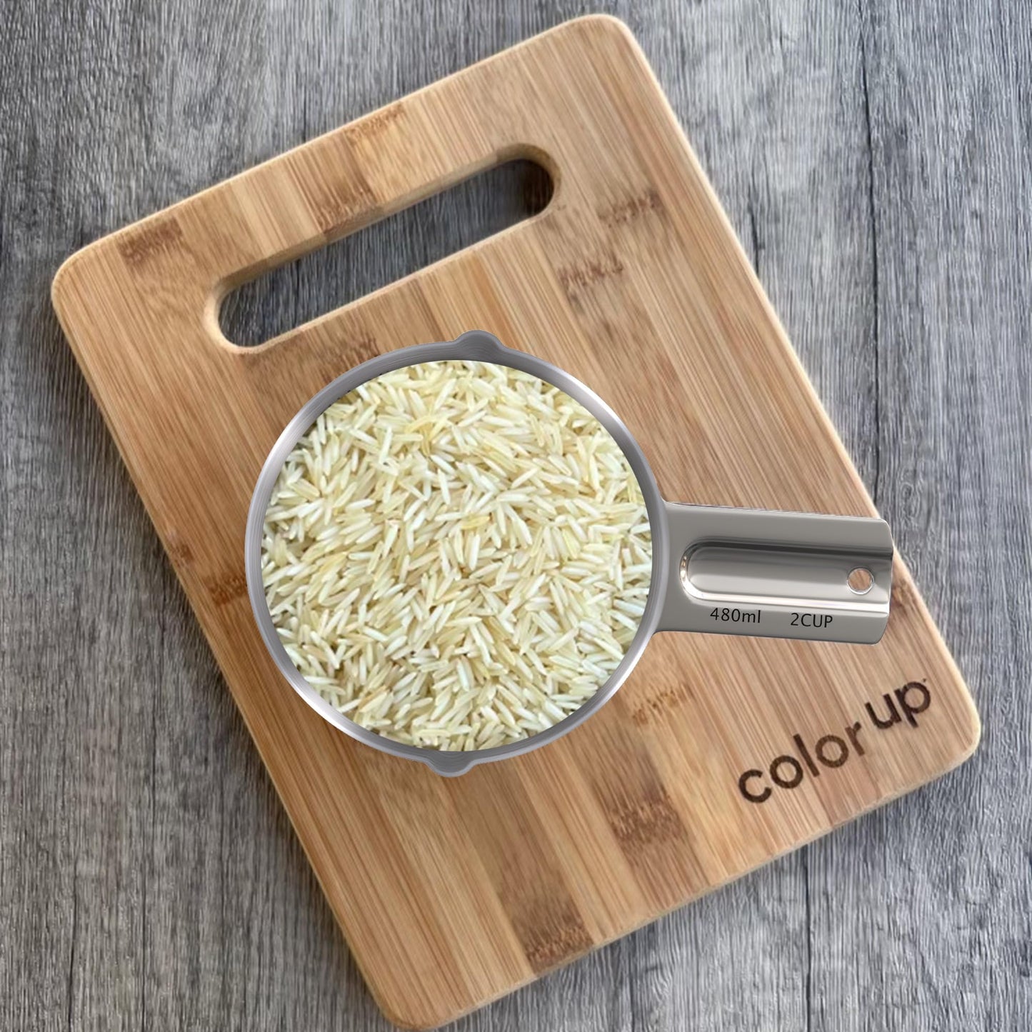 Color Up Measuring Cup Set, Stainless Steel 1 Cup (240ml) & 2 Cup (480ml) Scoops with Engraved Markings, Dual Pour Spouts, Flat Base, Dishwasher Safe for Dry and Liquid Ingredients