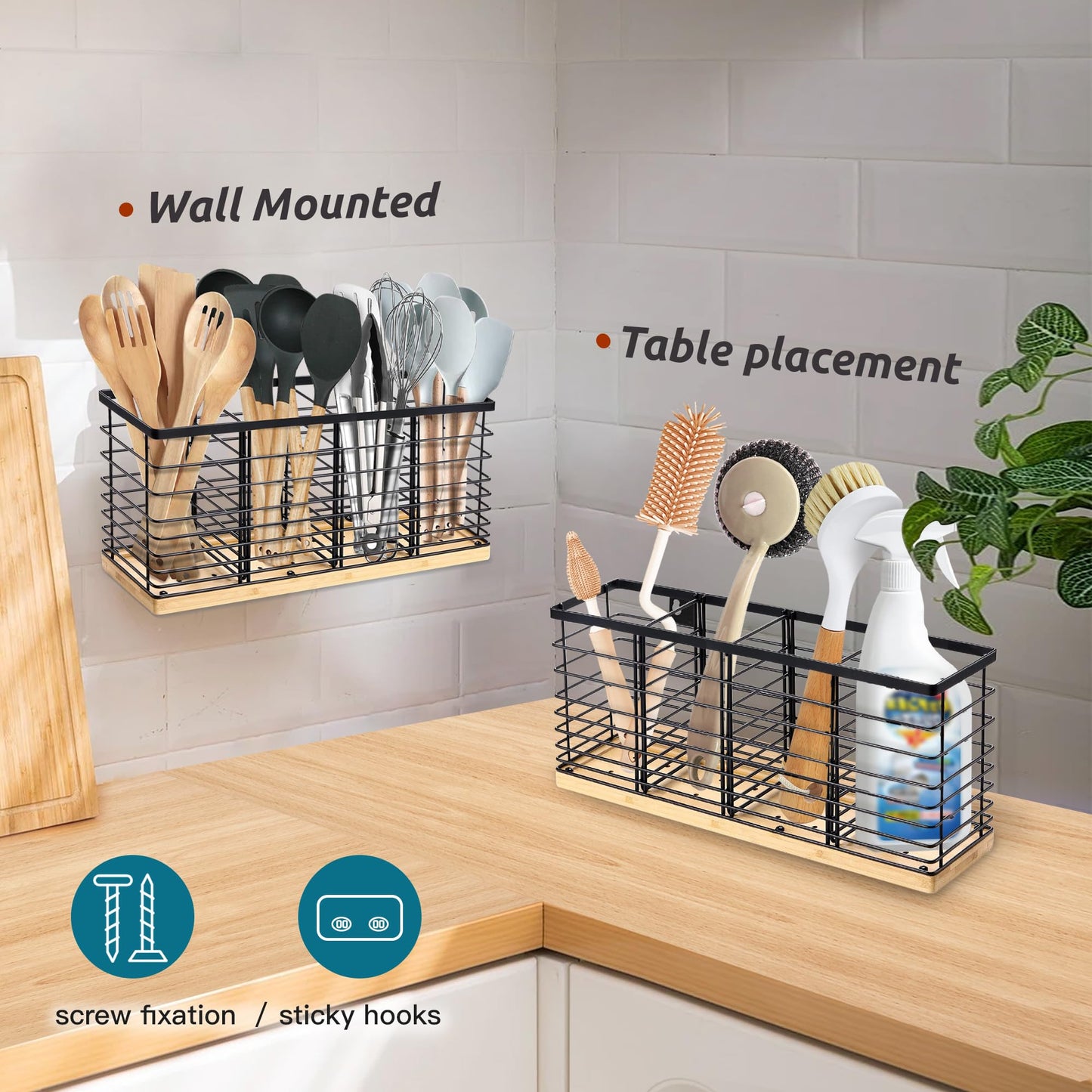 Suli Extra Large Kitchen Utensil Holder Countertop with 4 Compartments,Matte Black Metal holder with Wooden Base for Countertop,Farmhouse Utensil Organizer for counter,Rustic Cooking Utensil Organizer