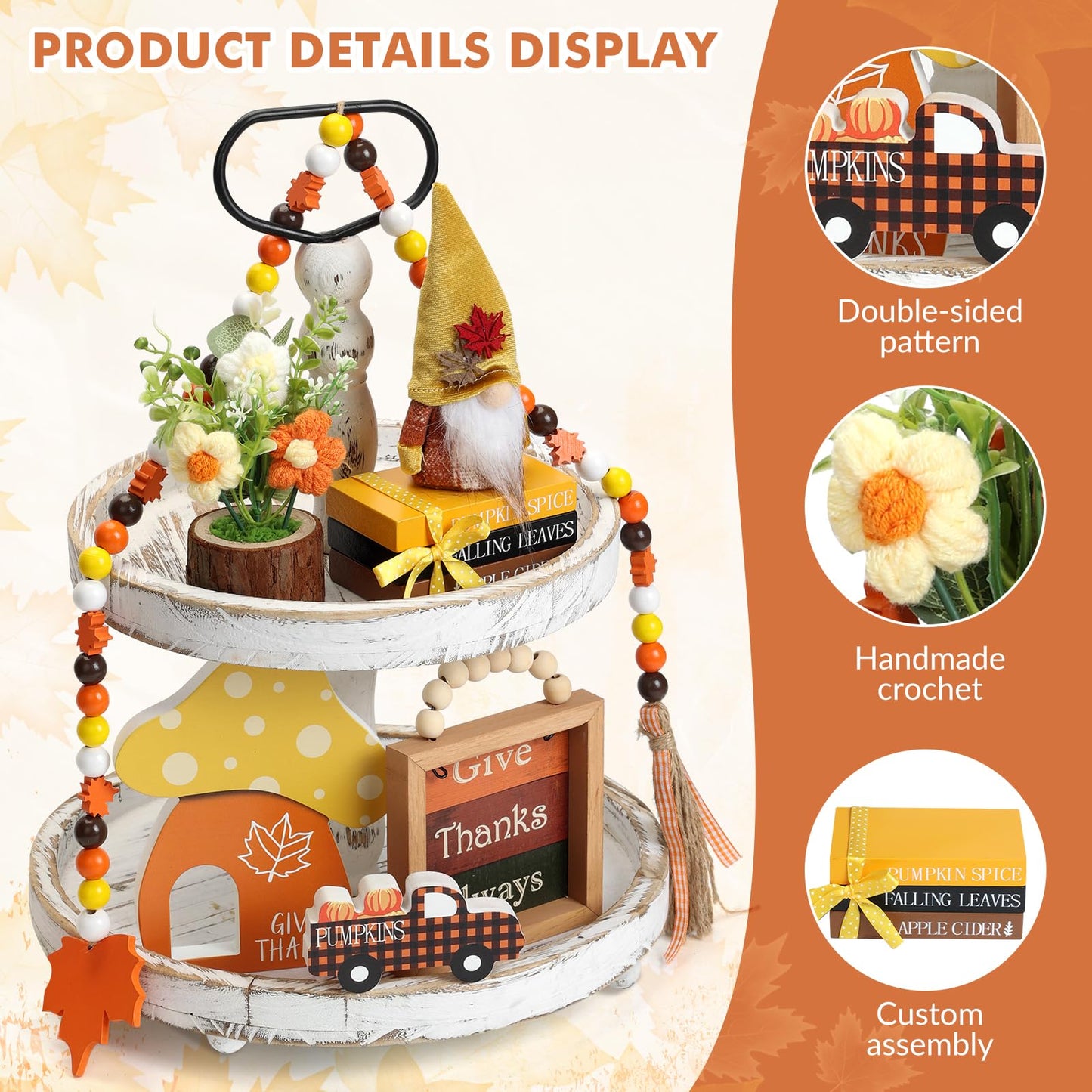 7 pcs Thanksgiving Tiered Tray Fall Decor Set, Gnome Truck Thanksgiving Wood Plaque Wooden Bead String Decorations, Fall Decorations for Home Kitchen Fireplace Farmhouse Office Fall Decoration