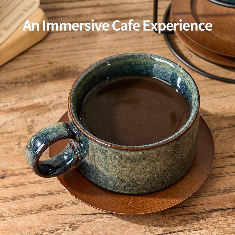 LUKA 6 Ounce Porcelain Stackable Espresso Cups with Saucers and Metal Stand Set of 4, Ceramic Cappuccino Cups Set for Specialty Coffee Drinks, Latte, Cafe Mocha and Tea, Kiln Tide Glaze