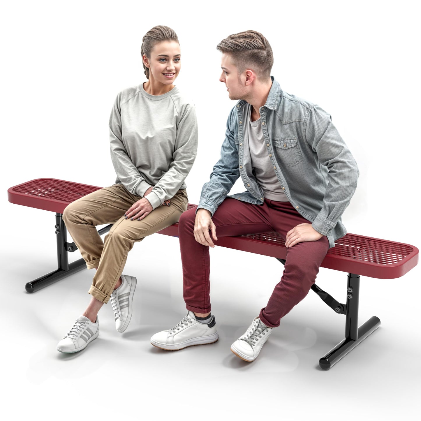 OUTTANS Heavy-Duty Outdoor Metal Bench, Thermoplastic-Coated, Portable, Weatherproof, Commercial-Grade for Parks, Gardens, Patios, Stores & More (6 Ft - Portable, Red)