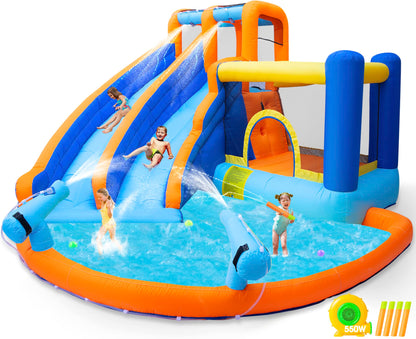 JOYLDIAS Inflatable Water Slide Bounce House,Giant Water Park, Double Slide Bouncer Castle w/Splash Pool, Jump Area, Climbing Wall, 550W Air Blower for Kids Backyard Indoor Outdoor Use,Free Water Gun