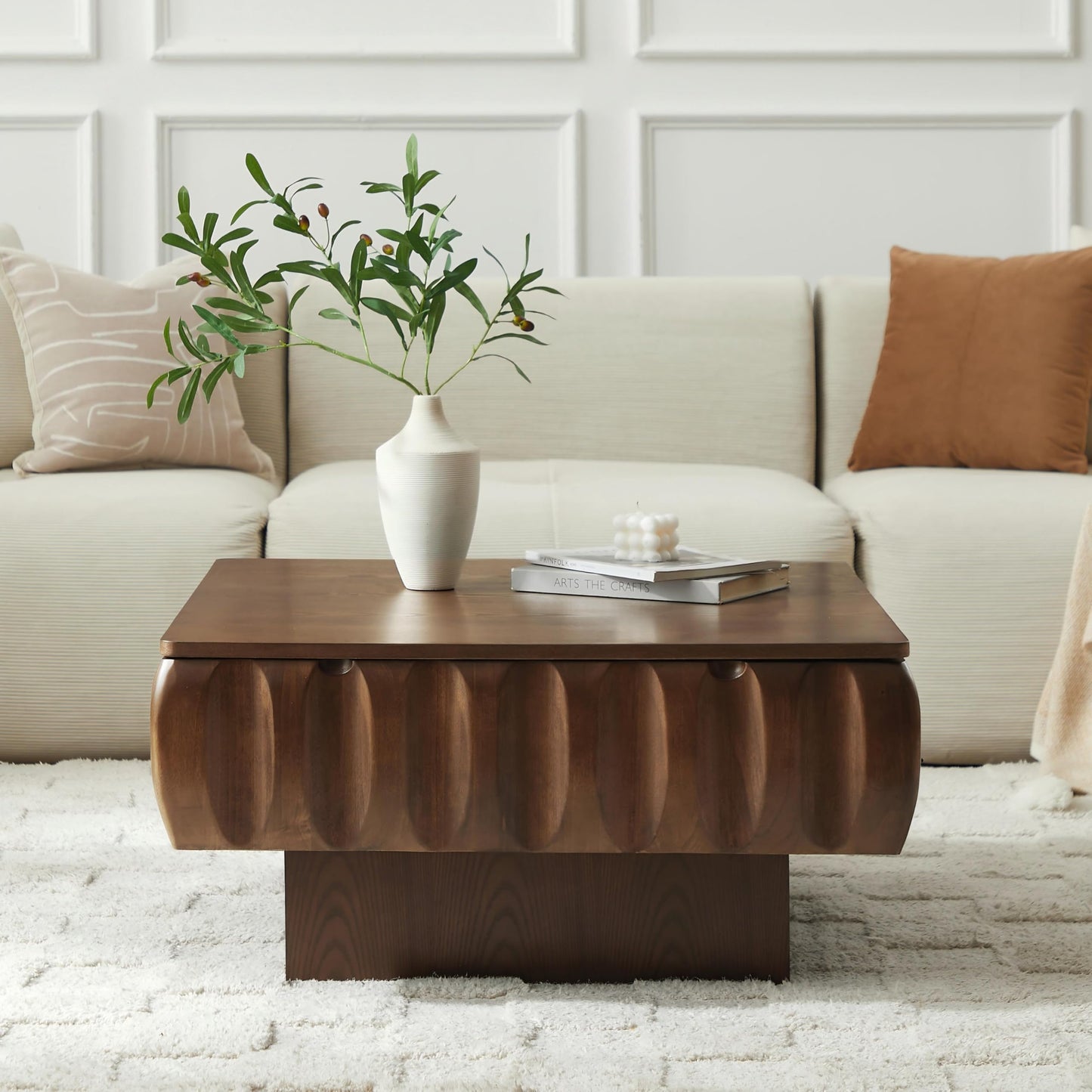 Ball & Cast 31" Square Lift-Top Coffee Table with Hidden Storage, Solid Wood Frame & Sturdy Base with Ash Veneer, Modern Minimalist Fluted Center Table for Living Room, Office & Small Spaces, Walnut