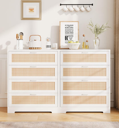 GarveeHome Rattan Dresser, Tall Chest of Drawers, Wood Dresser for Bedroom, Closet, Living Room, Hallway (White, 15.8" D x 31.5" W x 38.6" H (4 Rattan Drawers))