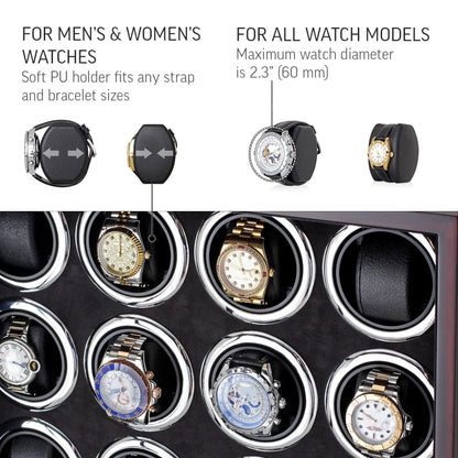 16 Watch Winder for Automatic Watches with LED Light and Coordinated Rotor Stop (Ebony)
