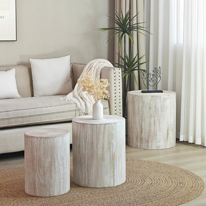 KEIKI Round Coffee Table Set of 3, Modern Wood Nesting Coffee Table with Tree Rings Texture for Living Room, Antique White