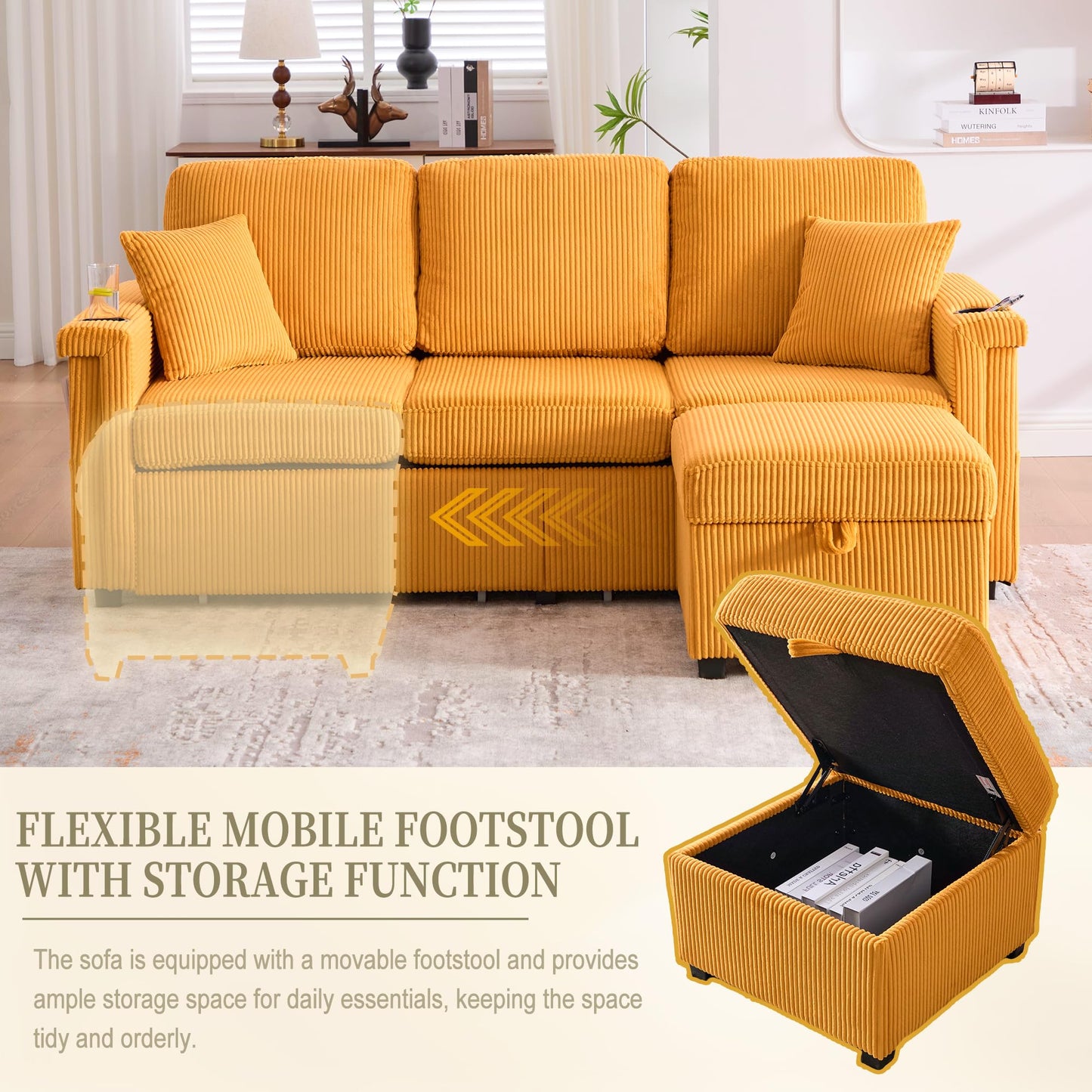 KEIKI 76" L-Shaped Modular Corduroy Sectional Sofa with Pull-Out Bed & 1 Movable Storage Ottoman & 2 Cup Holder & USB, Convertible 4-Seater Sleeper Couch Bed, Easy Assembly, for Living Room, Yellow