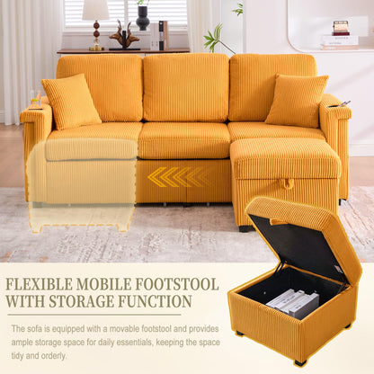 KEIKI 76" L-Shaped Modular Corduroy Sectional Sofa with Pull-Out Bed & 1 Movable Storage Ottoman & 2 Cup Holder & USB, Convertible 4-Seater Sleeper Couch Bed, Easy Assembly, for Living Room, Yellow