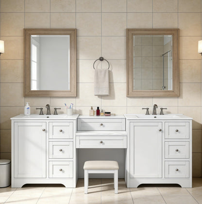 Merax 84" Double Sink Bathroom Vanity with Engineered Stone Countertop & 2 Ceramic Sinks,Large Storage Vanity with 6 Soft Close Drawers,Silver Metal Knobs for Master Bathroom,Family Bath,White