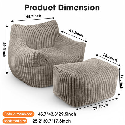HarborHue Giant Bean Bag Chair with Ottoman, Oversized Memory Foam Bean Bag Sofa for Adults and Kids, Large Comfy Fluffy Single Lounges Mini Couch for Living Room, Bedroom & Dorm(Taupe)