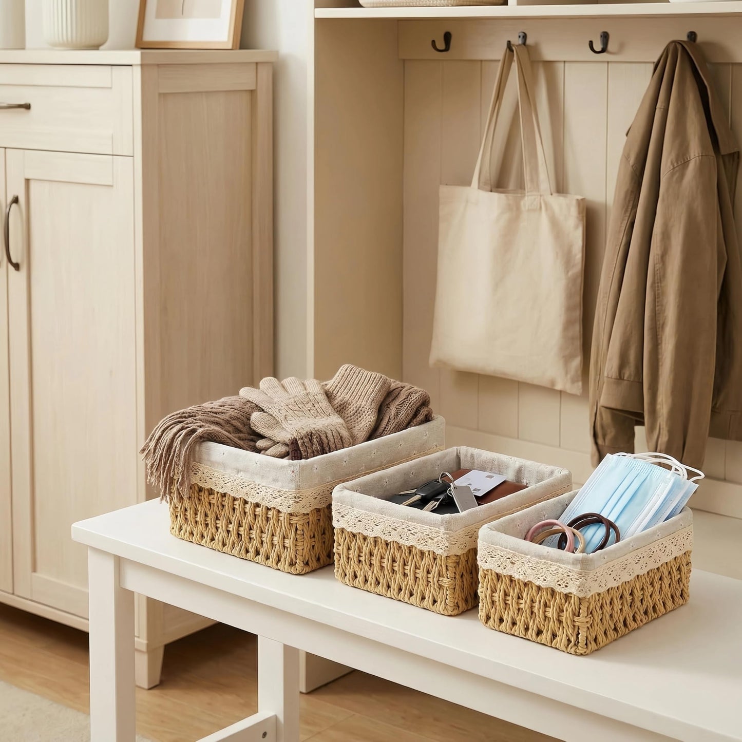 Wicker Baskets with Liner for Counter, Natural Paper Rope Rattan Storage Basket,Hand Woven Pantry Table Organizer Bins for Bedroom Living Room Bathroom School Shelves Office Desk (3 Pack Beige)