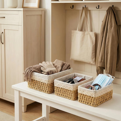 Wicker Baskets with Liner for Counter, Natural Paper Rope Rattan Storage Basket,Hand Woven Pantry Table Organizer Bins for Bedroom Living Room Bathroom School Shelves Office Desk (3 Pack Beige)