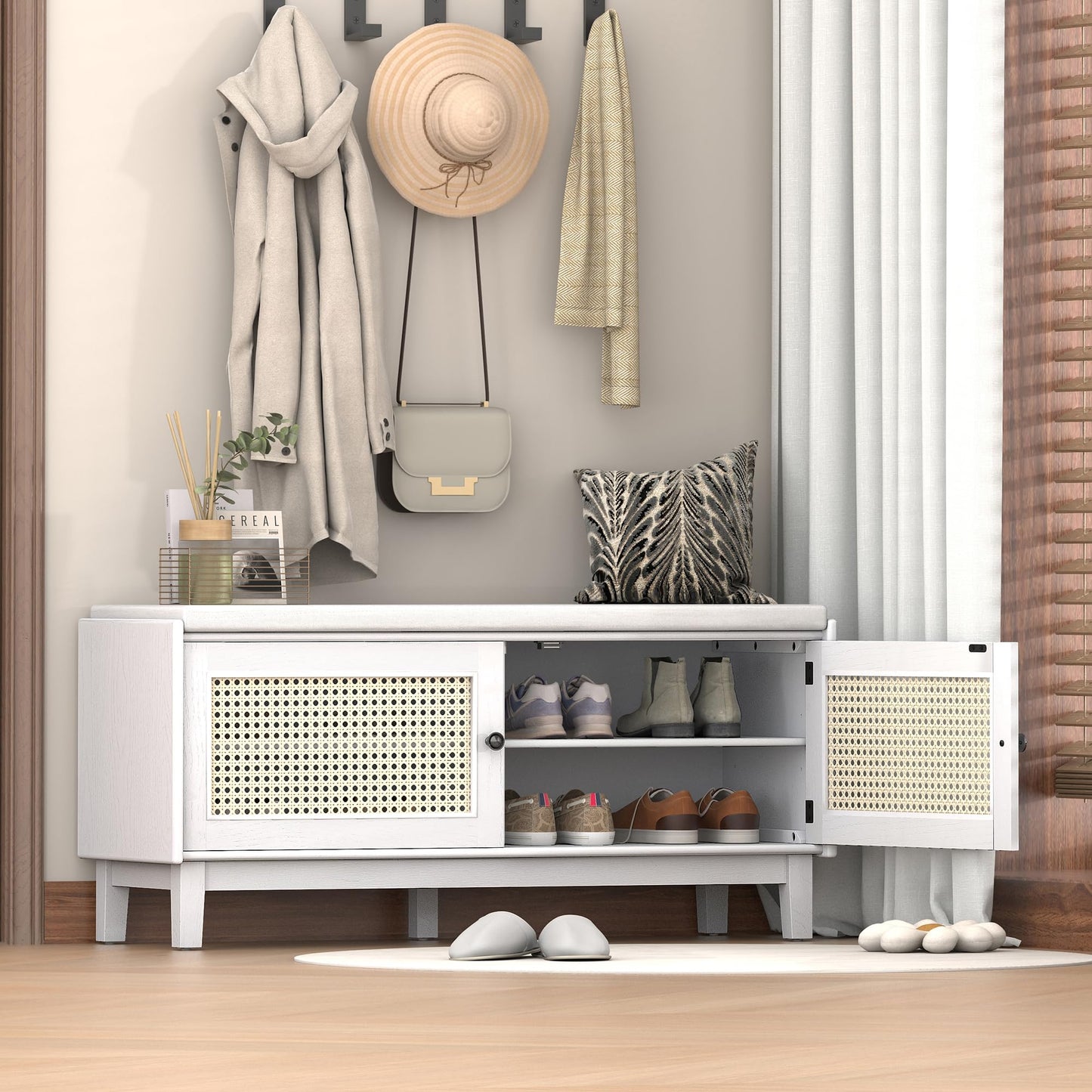 GDFStudio Boho Rattan Shoe Storage Bench with Cushion, Wooden Shoe Organizer with 2 Doors, 3-Level Adjustable Shelves, Entryway Shoes Cabinet for Hallway Bedroom Living Room, Espresso+Beige