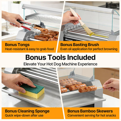 Seeutek Hot Dog Roller 5 Rollers 18 Hot Dogs Capacity 1100W Stainless Hot Dog Toaster, Hot Dog Machine W/Dual Temperature Control Glass Hood Acrylic Cover Warmer Shelf Removable Oil Drip Tray