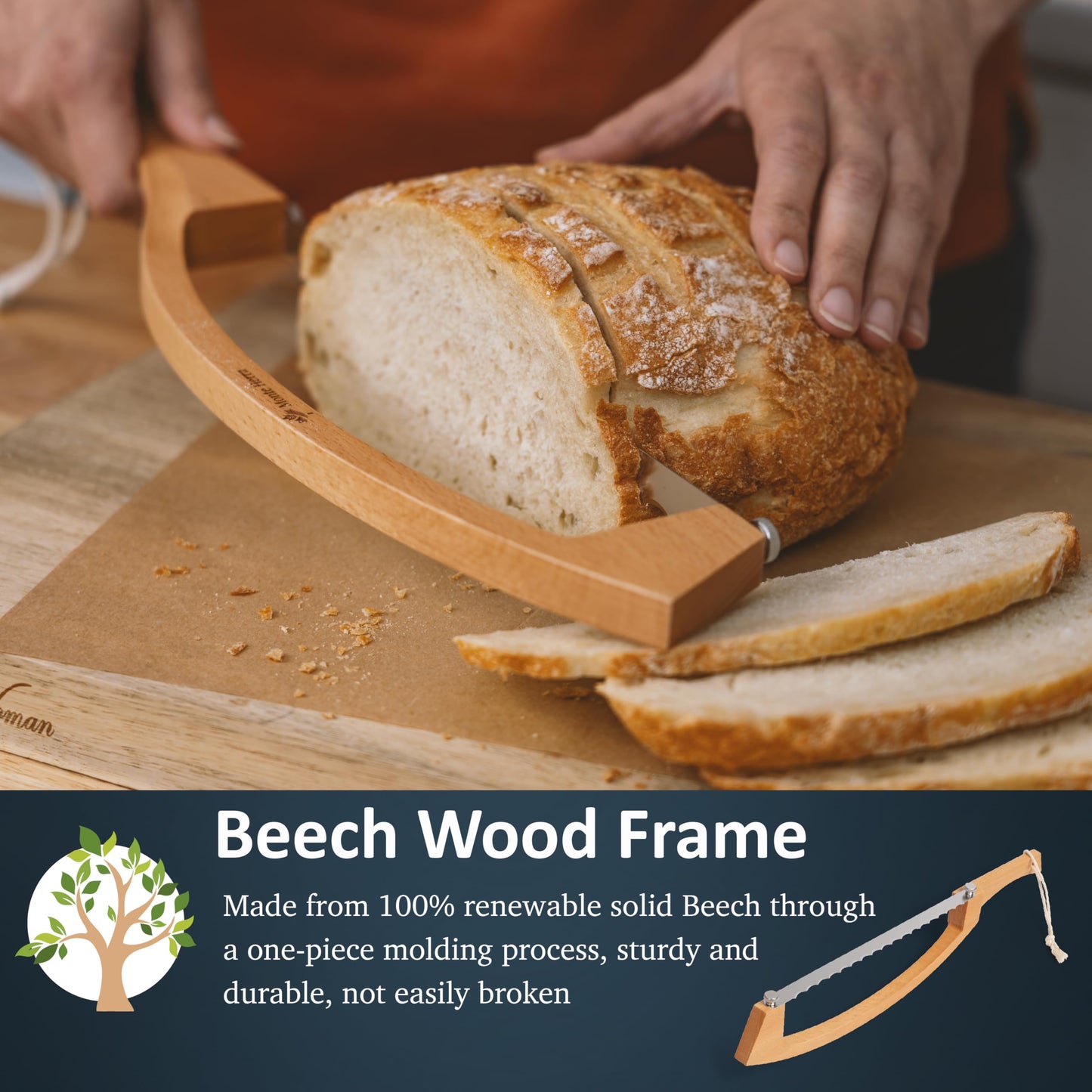 MonteHerra Bread Knife for Homemade Bread - 17-inch Wooden Sourdough Bread Knife - Unique Bow Design - Stainless Steel Serrated Blade - Perfect for Homemade Bread, Baguettes and More
