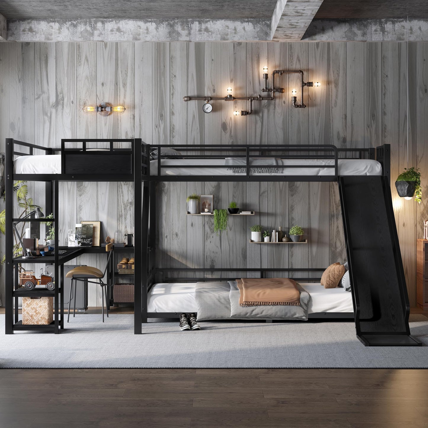 Metal Twin XL Over Queen Bunk Beds with Twin XL Loft Bed, Heavy Duty Triple Bunk Bed Frame with Slide and Desk,L-Shaped Triple Bunk Beds with Storage Shelves for 3 Kids,Black