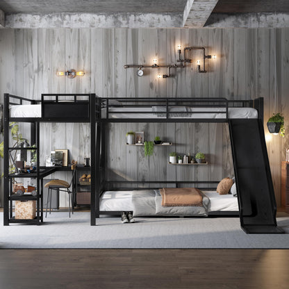 Metal Twin XL Over Queen Bunk Beds with Twin XL Loft Bed, Heavy Duty Triple Bunk Bed Frame with Slide and Desk,L-Shaped Triple Bunk Beds with Storage Shelves for 3 Kids,Black