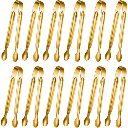 Gejoy 12 Pieces Mini Tongs Stainless Steel Small Sugar Serving Tongs for Charcuterie Board Appetizers Dessert Serving Food Tiny Party Danish Candy(6 Inch,Gold)