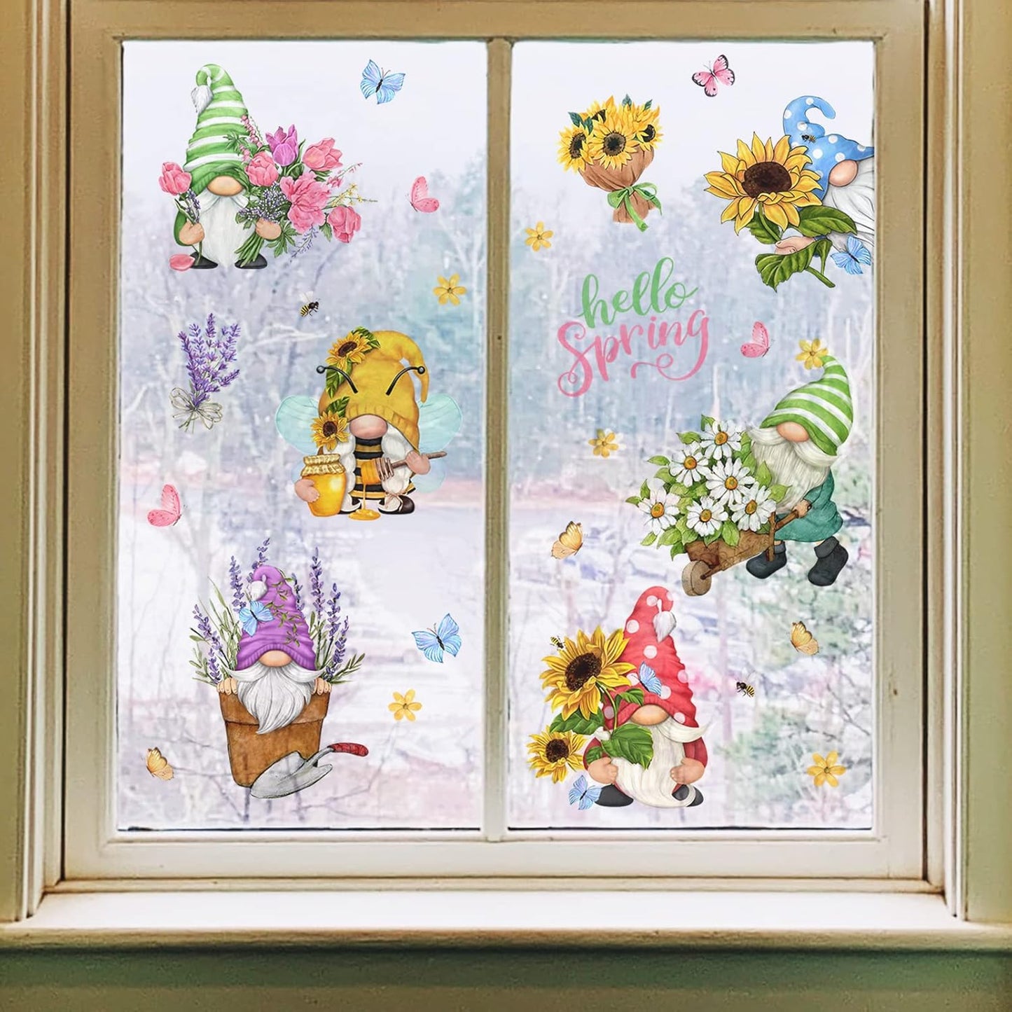 Mfault Hello Spring Gnomes Flowers Window Clings, 9 Sheets Floral Wall Glass Stickers for Home Decor