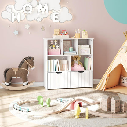 HOOBRO Toy Storage Organizer, Toy Organizers and Storage with 2 Movable Drawers and 5 Cubbies, Toy Chest Shelf for Books or Dolls, Kids Bookshelf and Toy Storage for Playroom, White WT88CW01