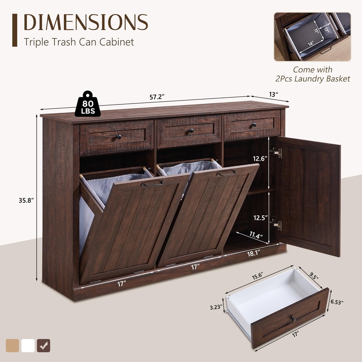 IFGET Triple Tilt Out Trash Can Cabinet, 20 Gallon Farmhouse Laundry Hamper Cabinet w/3 Drawers & Adjustable Shelf, Hidden Wooden Trash Can Cabinets with Storage Basket for Kitchen (Brown)
