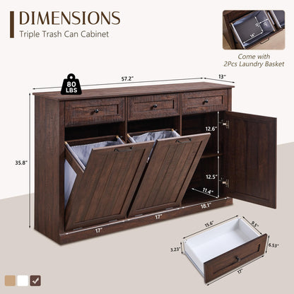 IFGET Triple Tilt Out Trash Can Cabinet, 20 Gallon Farmhouse Laundry Hamper Cabinet w/3 Drawers & Adjustable Shelf, Hidden Wooden Trash Can Cabinets with Storage Basket for Kitchen (Brown)