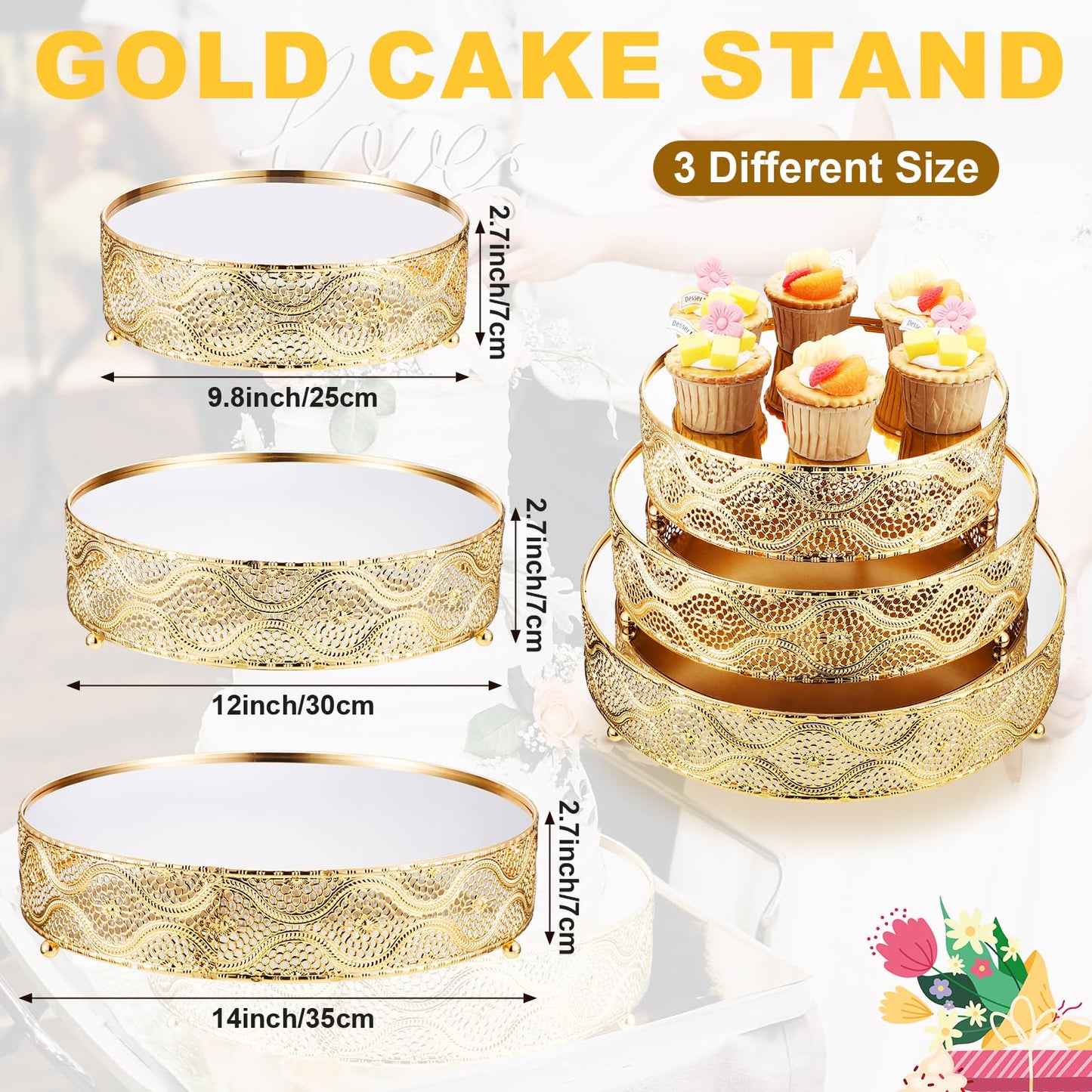 Skylety Set of 3 Round Wedding Cake Stand 10'' 12'' 14'' Metal Dessert Display Stand with Glossy Mirror Dessert Cupcake Cookies Holder for Wedding, Event, Birthday Party(Gold)