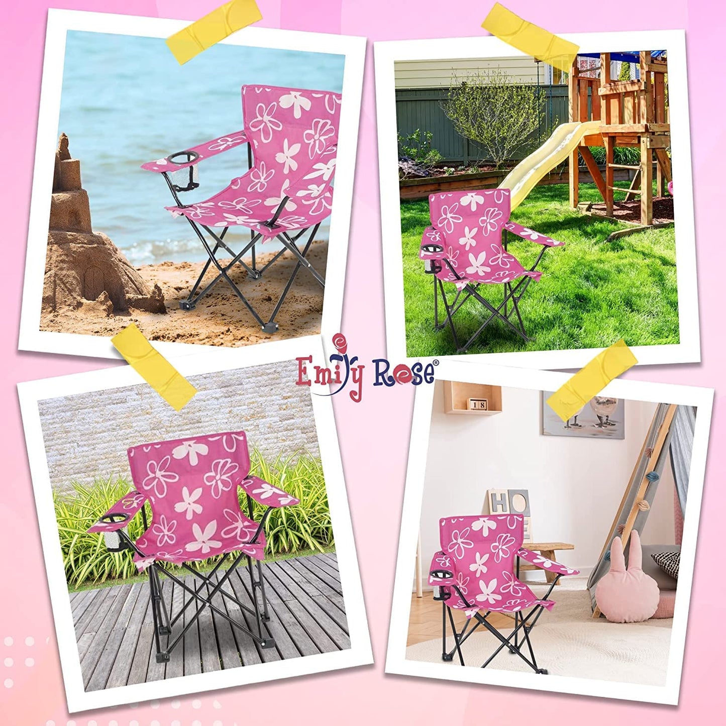 Emily Rose Kids Pink Flowers Folding Beach Camping Camp Chair with Safety Lock, Carry Case & Cup Holder - for Girls Toddlers - Tailgate, Travel, Lawn, Sports - Indoor & Outdoor | USA Company