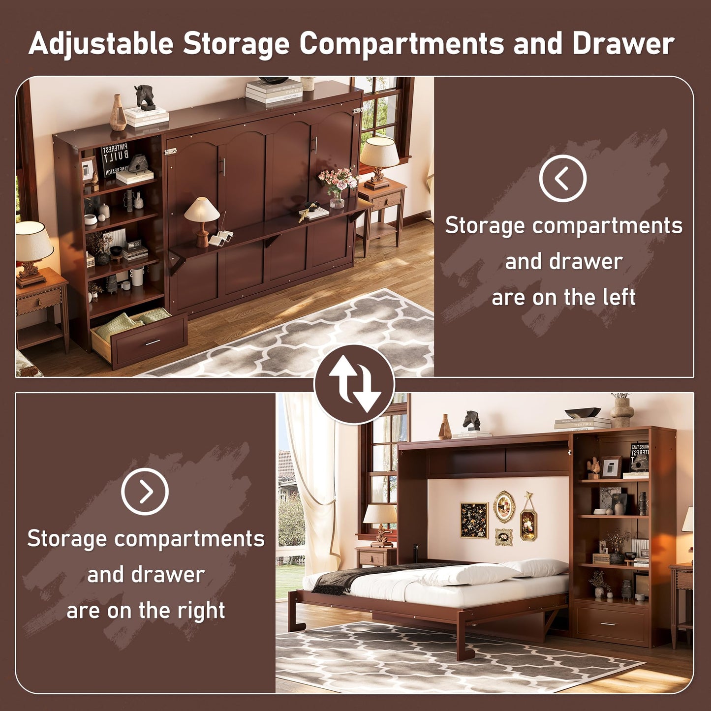 Merax Queen Murphy Bed with 3 Height Adjustable Storage Shelves & 1 Drawer, Wall Bed Frame Multifunctional Foldable Platform Bed for Small Space, Bedroom, Guest Room, Bear 500LBS (Walnut)