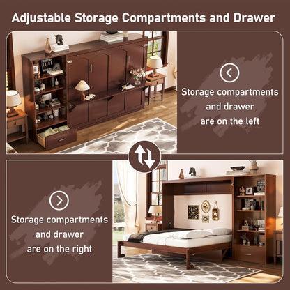 Merax Queen Murphy Bed with 3 Height Adjustable Storage Shelves & 1 Drawer, Wall Bed Frame Multifunctional Foldable Platform Bed for Small Space, Bedroom, Guest Room, Bear 500LBS (Walnut)