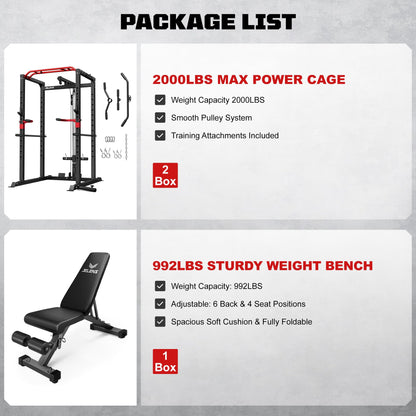 JELENS Power Cage, 2000LBS Multi-Function S11 Power Rack with LAT Pulldown, Squat Rack with Pulley System and More Training Attachments, Weight Workout Machine for Home Gym (Weight Bench Package)