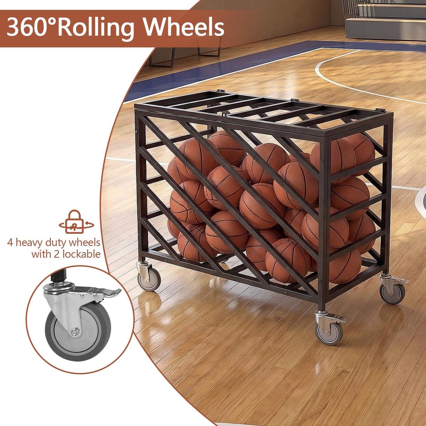 Ball Cart with Wheels Rolling Basketball Rack with Lockable Lid Balls Storage Locker for Volleyball Gym Recess Soccer Playground