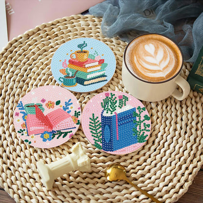 8 Pcs Book Diamond Art Coasters Kit for Adults, Book Lovers Wooden Coffee Diamond Painting Coasters with Holder, 5D Gem Art Dots Painting Coaster with Cork Pads - Crafts Supplies for Home Decor