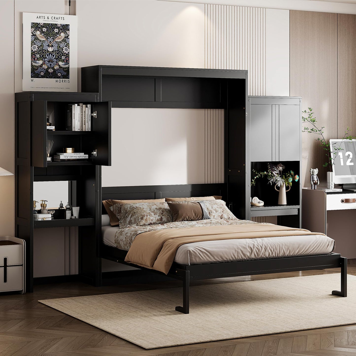 Ball & Cast Murphy Bed Queen Bed Frame with Headboard,Hideaway Bedframe w/Vanity and Cabinets,Wood Wall Cabinet,Slat Support,can be Folded,No Box Spring Needed,for Small Room,Espresso