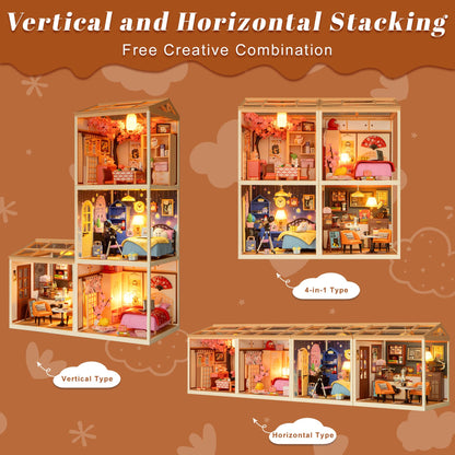 Loyratche DIY Retro Coffee Shop Miniature House Kit, 115 Pieces Mini Dollhouse with Furniture & LED Light with Roof & Dust Covers Tiny House Toy for Adults