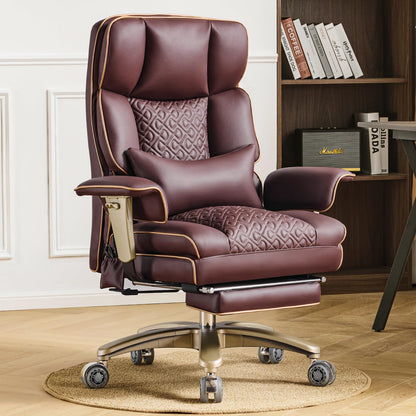 Executive Desk Chir with Adjustable Air Back Support, Luxury Ergonomic PU Leather Office Chair with Lumbar Massage High-Back 3-Level Tilt 360° Swivel Silent Wheels Height Adjustment,Footrest, Brown