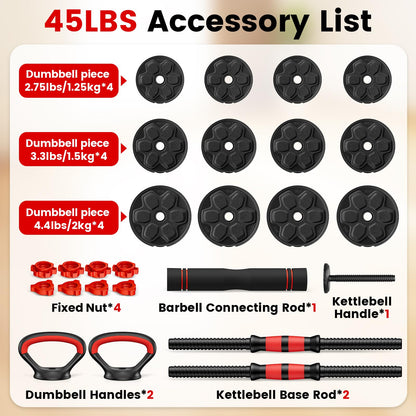 Adjustable Dumbbell Set, 20/33/45/70/90lbs Free Weight Set with Connector, 4 in1 Dumbbells Set Used as Barbell, Kettlebells, Push up Stand, Weight Set for Home Gym Suitable Men/Women