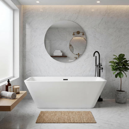 66" Acrylic Freestanding Soaking Bathtub, Matte Drain & Black Overflow, Modern Design Tub for Home Bathroom Renovations, Glossy White