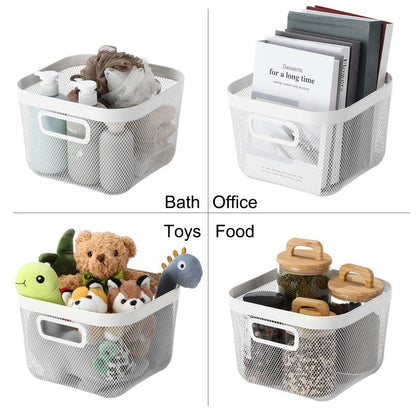 MorningRo 4 Pack Metal Mesh Basket with Hollow Handles White Wire Storage Bin for Organizing Stackable Metal Fine Mesh Basket for Pantry Bathroom Kitchen Cabinets Shelves (Medium)