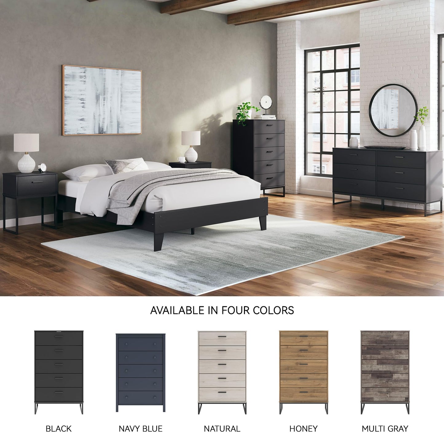 Signature Design by Ashley Socalle Casual Contemporary Chest of Drawers with Dark Pewter Hardware and Metal Legs, 5 Drawers, Wood, 50.67" High, Matte Black