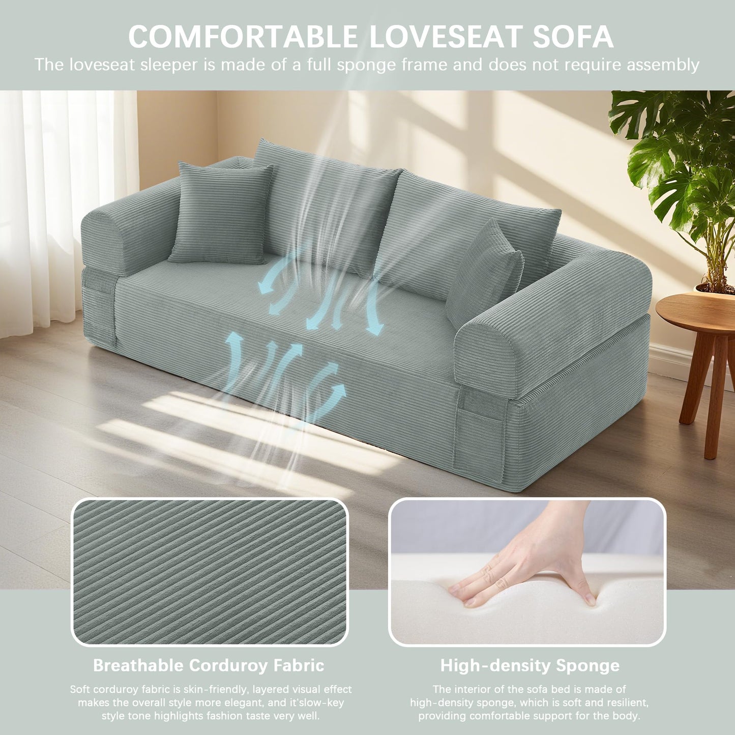 83" Modern Sofa in a Box, No Assembly Oversized 3 Seater 28" Deep Seat Cloud Sofa Bed Couch with 4 Furry Pillows & Corduroy Fabric, Boneless Couch with Side Storage Pockets for Living Room, Light grey