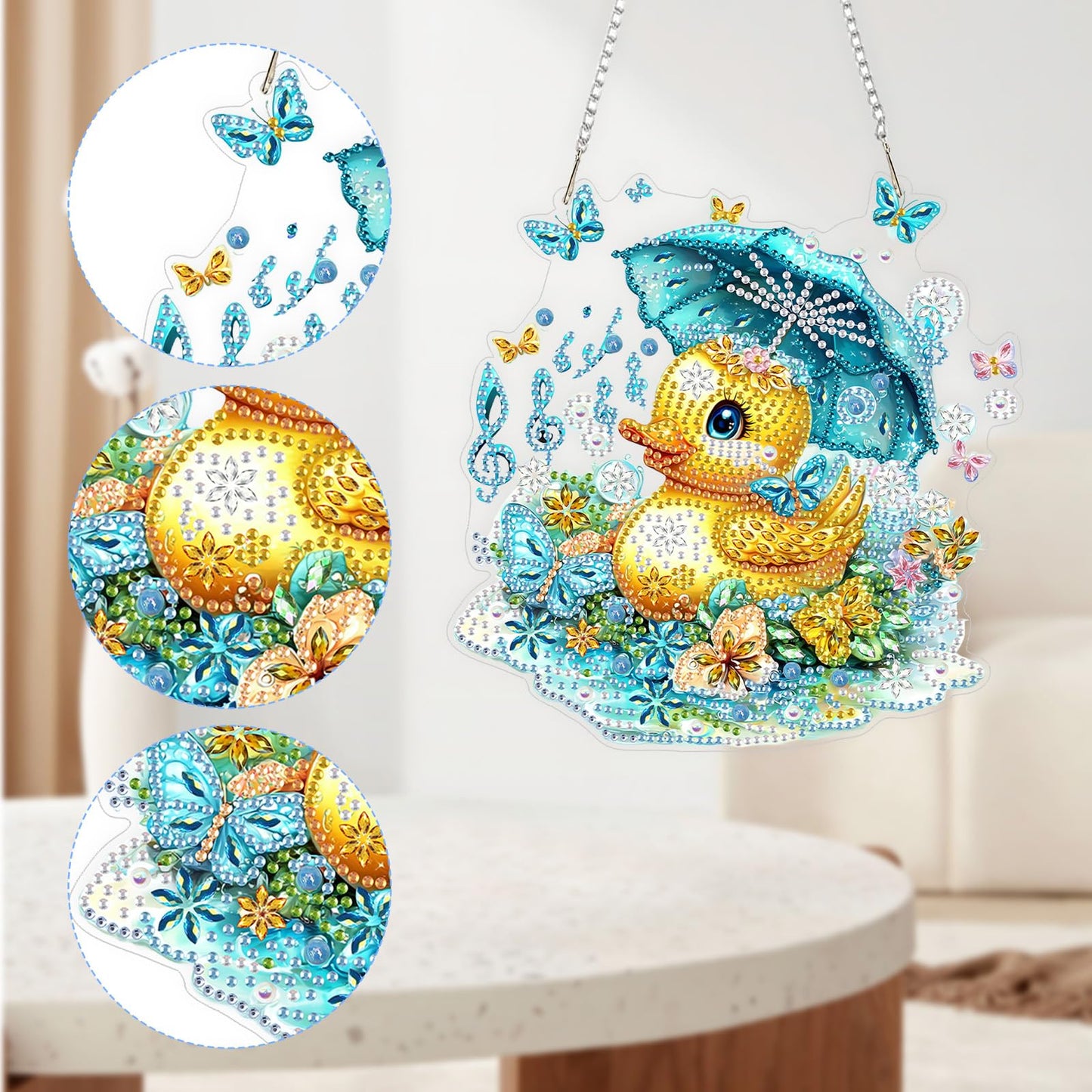 QENSPE Diamond Painting Art Hanging Kits for Adults, 5D Yellow Duck Diamond Paingting Ornaments with Chain, DIY Butterfly Crystal Window Pendants for Home Wall Decor Double Sided Gift 8X8 inch