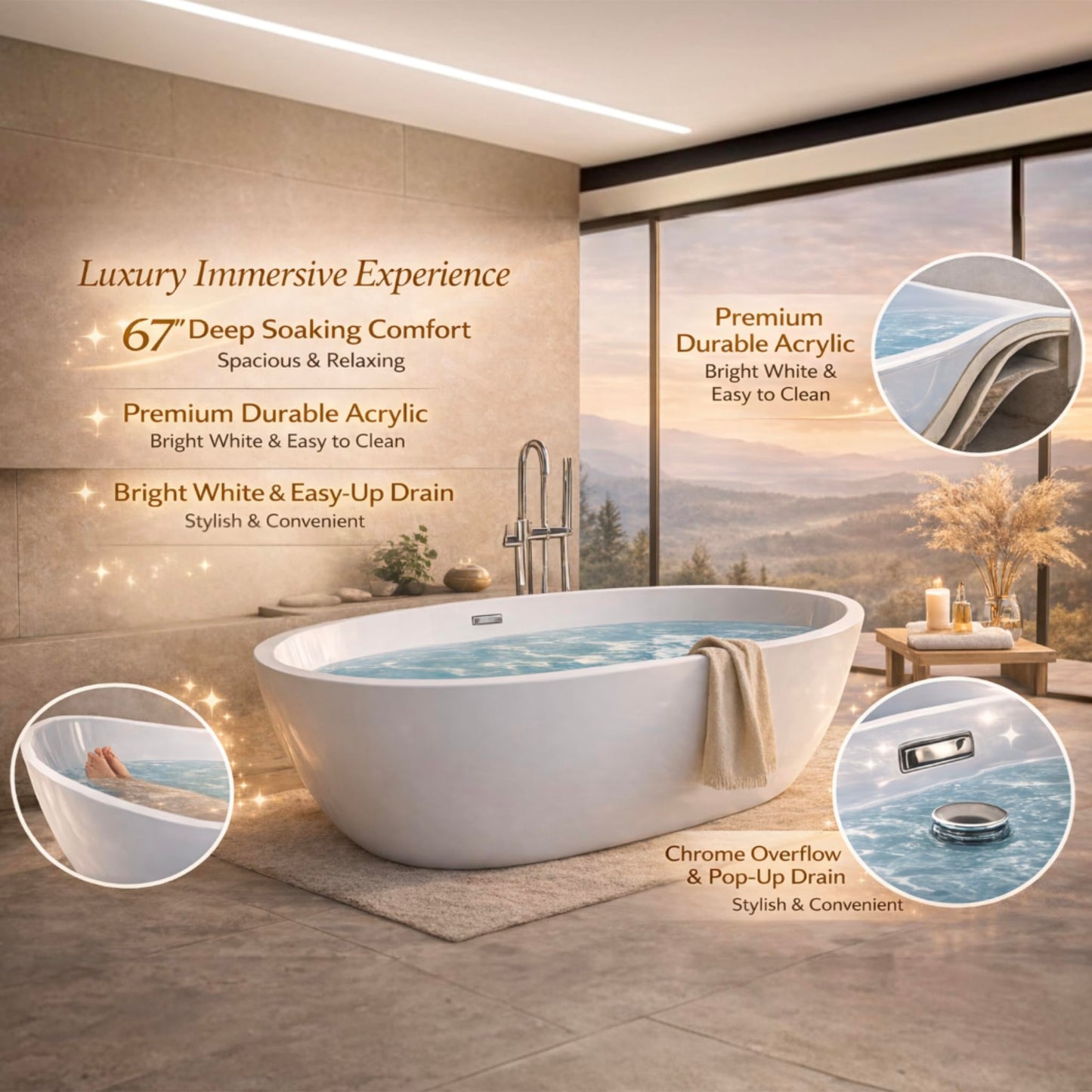GarveeTech 67"Freestanding Bathtub, Acrylic Deep Soaking Tub, Non-Slip Acrylic Tub with Chrome Overflow and Drain, CUPC Certified, Ergonomic Modern Bath for Bathrooms, Easy-Install