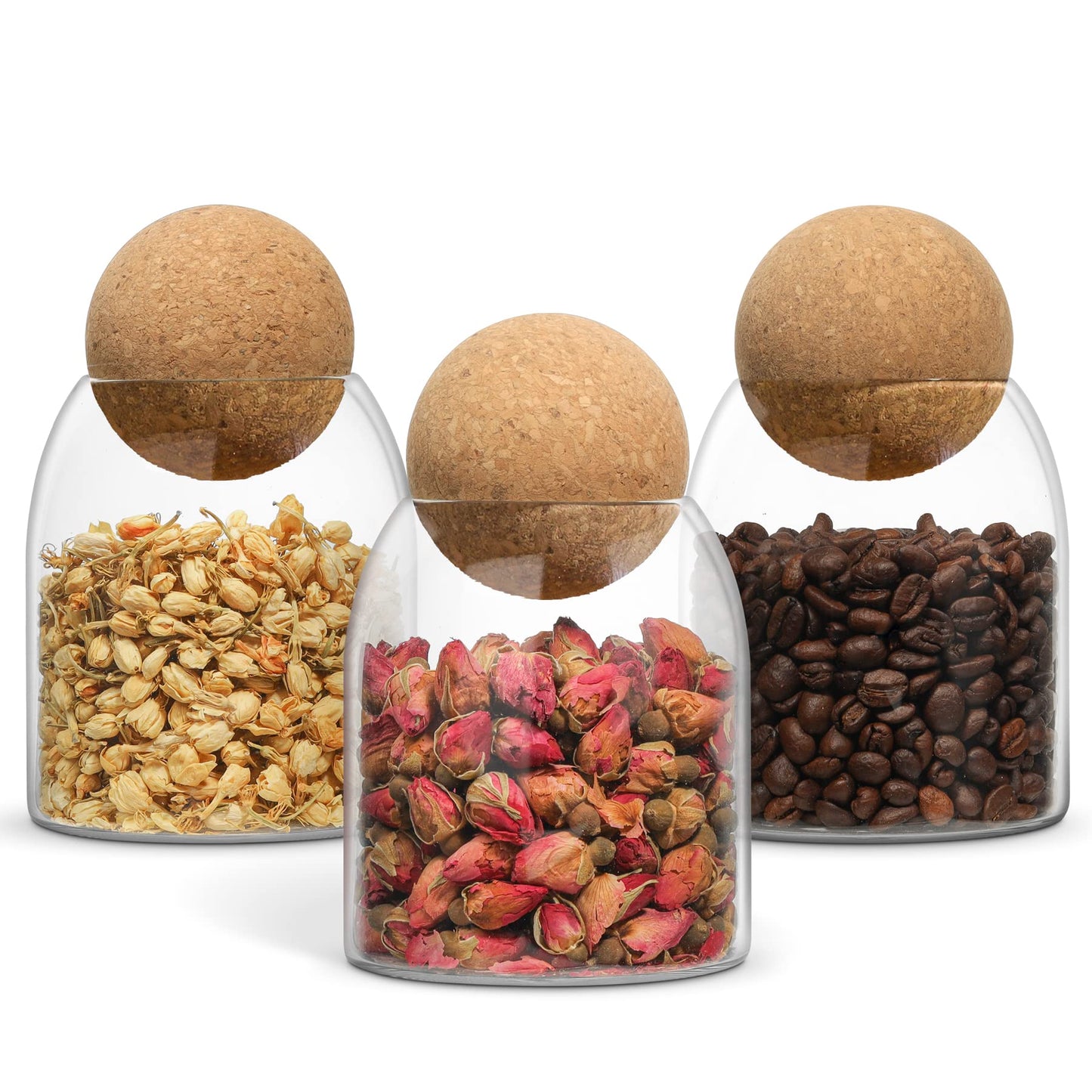ComSaf 3 Pack 16oz Clear Decorative Glass Jars with Cork Ball Lid - Coffee Bar Kitchen Counter Bathroom Storage, Dishwasher Safe, Glass Canisters for Coffee Sugar Candy Storage - Home Decor & Gifting